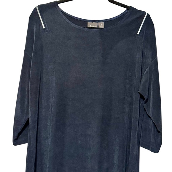 Chicos Travelers Very Dark Blue Black Zip Shoulder Slinky Stretchy Blouse - Picture 2 of 12